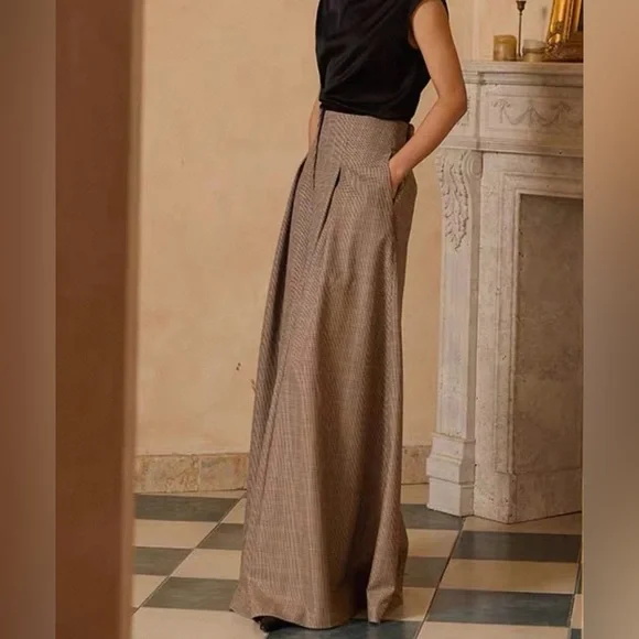 High Waist Plaid Wide Leg Pants Size M Brown Beige Vintage style